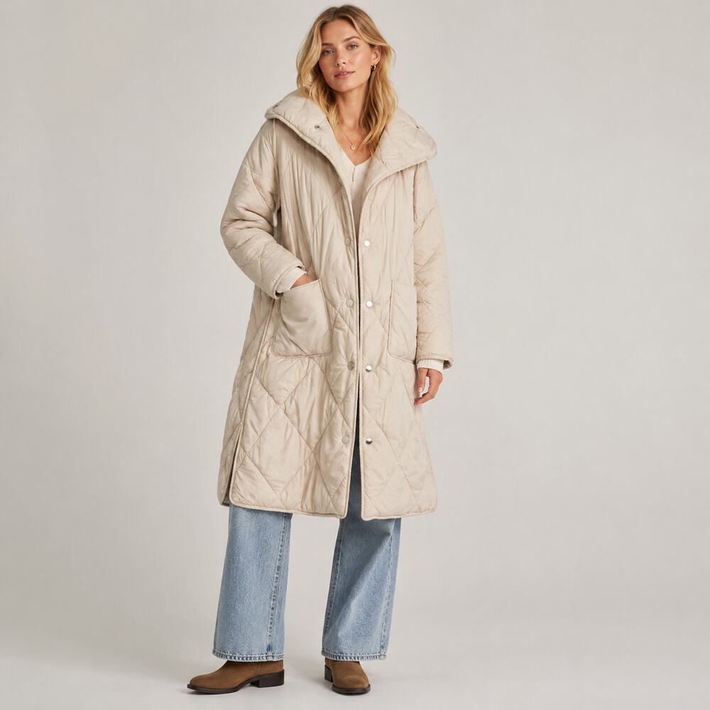 Free People We The Free Quilted Long Puffer Coat Beige Womens Size XS Oversized